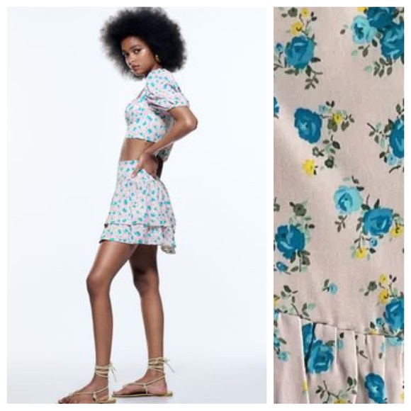 NWT. Zara Light Mauve Floral Print Satin Effect High-Waisted Mini Skirt. Size M. - Picture 2 of 10